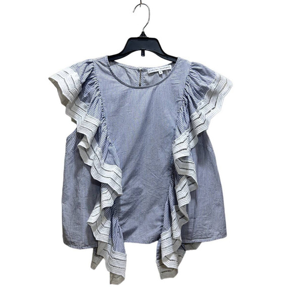 English Factory Tops - ENGLISH FACTORY Blue White Pinstripe Shirt M Ruffle Cap Top Boho Indie Festival